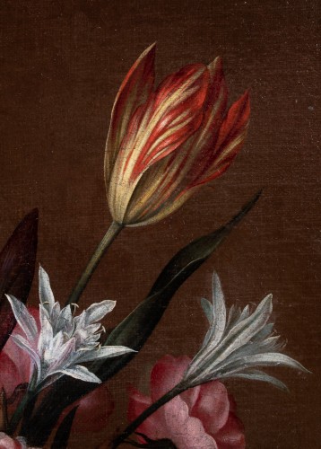 XVIIe siècle - Vase de fleurs, tulipes, iris, narcisse et rose de damas. Antonio Ponce (1608-1677)