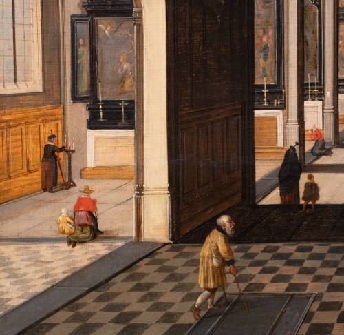 Tableaux et dessins Tableaux XVIIe siècle - Intérieur de la cathédrale d’Anvers animée de personnages - Pieter II Neefs (1620-1675)