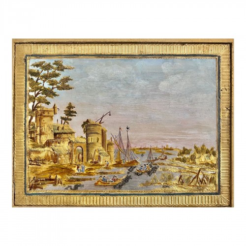 Tableau en Compigné représentant un paysage lacustre animé de personnages