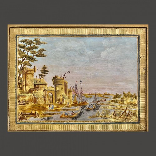 Tableau en Compigné représentant un paysage lacustre animé de personnages - Tableaux et dessins Style Louis XVI