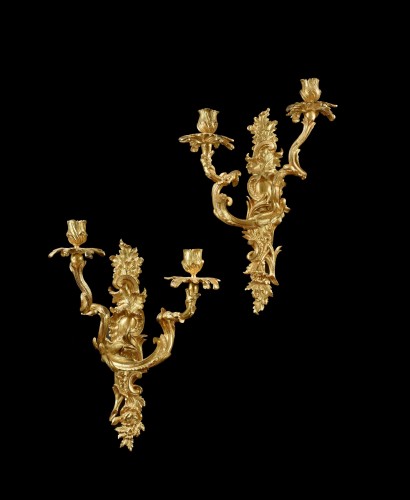 Pair of two arms wall lights with foliage decoration - 
