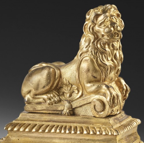 Decorative Objects  - Pair of firedogs with reclining lions