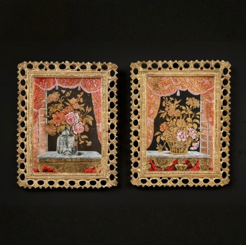 Paire de petites plaques en verre églomisé - Tableaux et dessins Style 