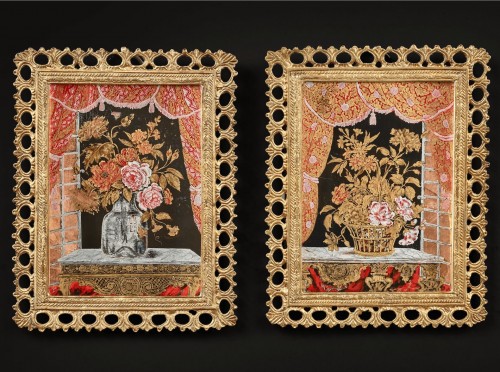 Tableaux et dessins  - Paire de petites plaques en verre églomisé