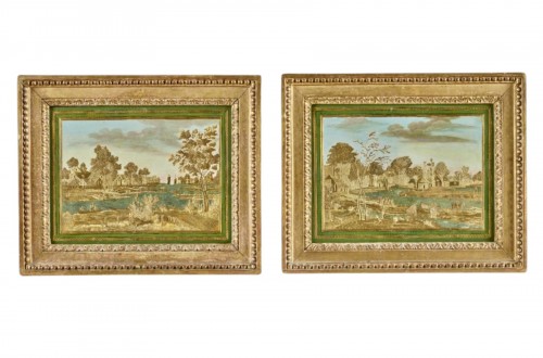 Paire de tableaux rectangulaires en Compigné représentant des bords de rivières