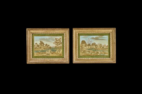 18th century - Pair of rectangular Compigné paintings representing river banks