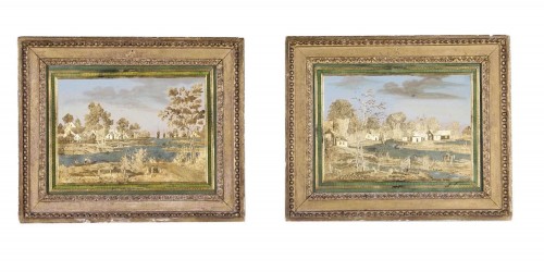Pair of rectangular Compigné paintings representing river banks - 