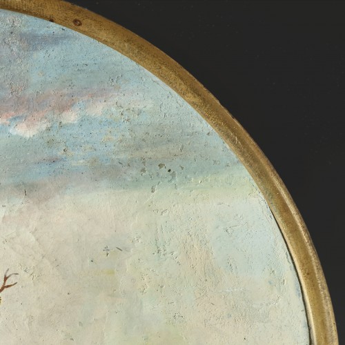 Antiquités - Médaillon en Compigné représentant une scène de village arborée