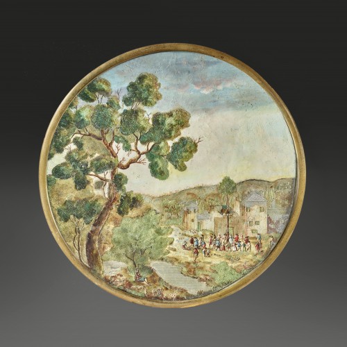 Antiquités - Médaillon en Compigné représentant une scène de village arborée