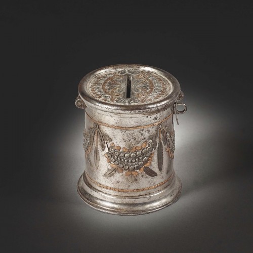 Objects of Vertu  - Polished steel moneybox,  chased and gilt bronze, enhanced with brass and p