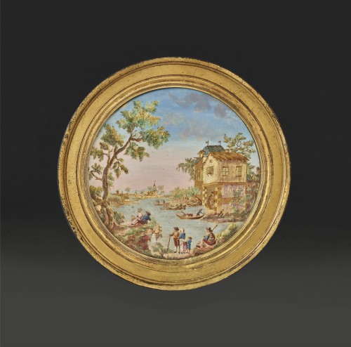 Médaillon en Compigné représentant une rivière dominée par un moulin à aubes - Objets de Vitrine Style Louis XV