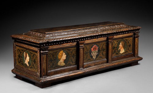 Cassone nuptiale italienne, peinte et armoriée - Mobilier Style Renaissance