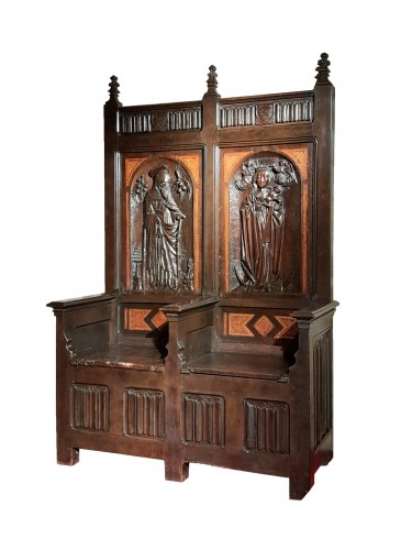 Ddouble cathedra made from walnut wood, sculpted, and inlaid, aroud 150