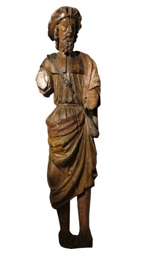 Bois sculpte representant saint jacques le majeur en habit de pelerin de compostelle