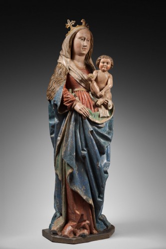 Vierge à l’enfant du xve siècle en bois sculpté polychromé - Sculpture Style 