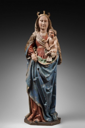 Vierge à l’enfant du xve siècle en bois sculpté polychromé - Galerie Gabrielle Laroche