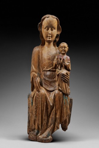Sculpture Sculpture en Bois - Vierge à l’enfant en majesté à l’oiseau