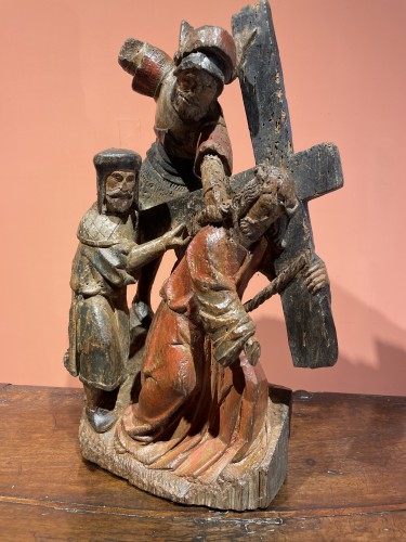 Sculpture  - Carved wooden group presenting the carrying of the cross