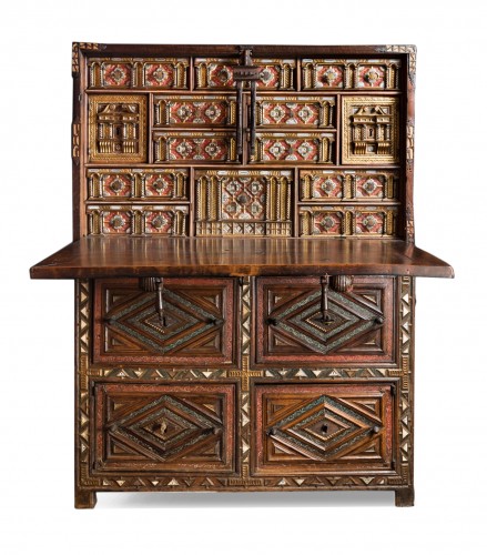 Travel cabinet known as a "Bargueno" with its original base