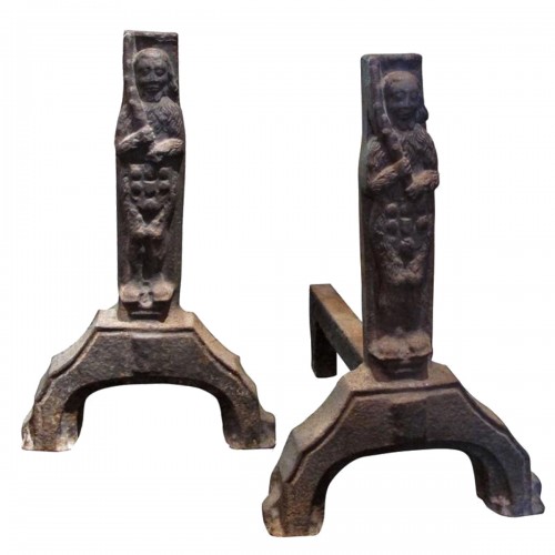 Rare pair of cast iron andiron of Gothic period with men wild decoration