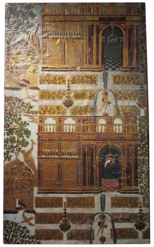 Panel covered with gilt and polychrome flemmish leather