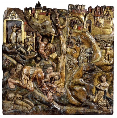 Exceptionnel bas-relief en bois sculpté représentant le Loup Garou et St George