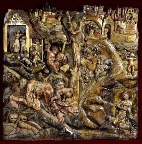 Exceptionnel bas-relief en bois sculpté représentant le Loup Garou et St George - Sculpture Style 