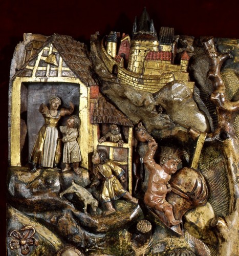 Sculpture Sculpture en Bois - Exceptionnel bas-relief en bois sculpté représentant le Loup Garou et St George