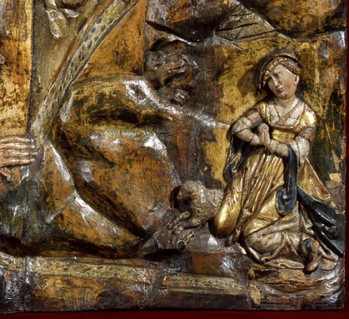 Exceptionnel bas-relief en bois sculpté représentant le Loup Garou et St George - Galerie Gabrielle Laroche