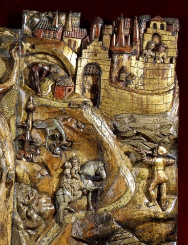 Exceptionnel bas-relief en bois sculpté représentant le Loup Garou et St George - 