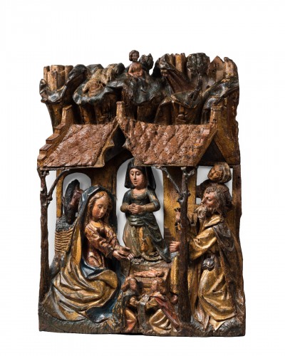 Exceptional polychrome wood carving depicting The Nativity