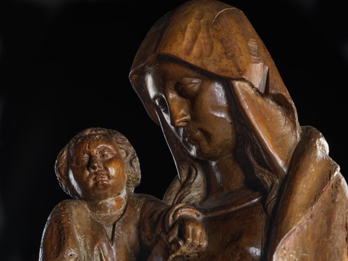 Vierge à l’Enfant au phylactère d'époque gothique - Sculpture Style Moyen Âge