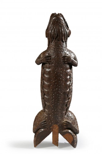 Element of an outdoor  carved woodwork  showing a salamander , from a norma