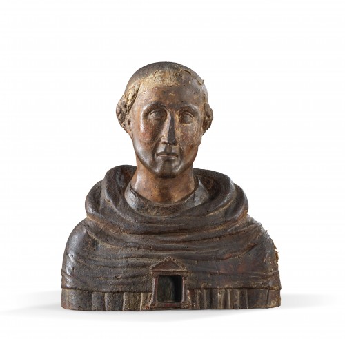 Polychrome reliquary bust of a monk