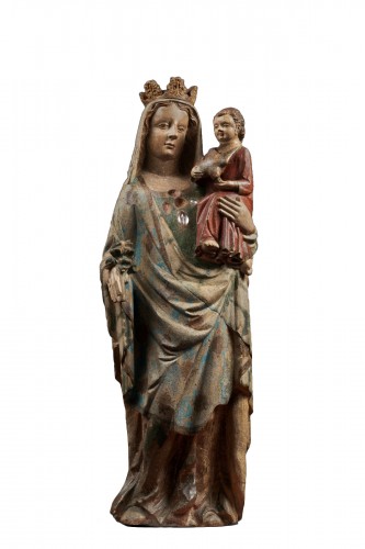 Importante vierge lorraine du XIVe siècle en pierre calcaire polychrome