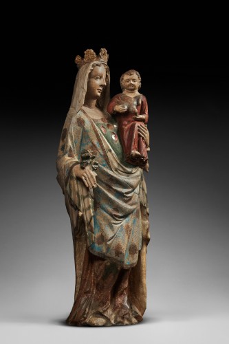 Importante vierge lorraine du XIVe siècle en pierre calcaire polychrome - Sculpture Style Moyen Âge