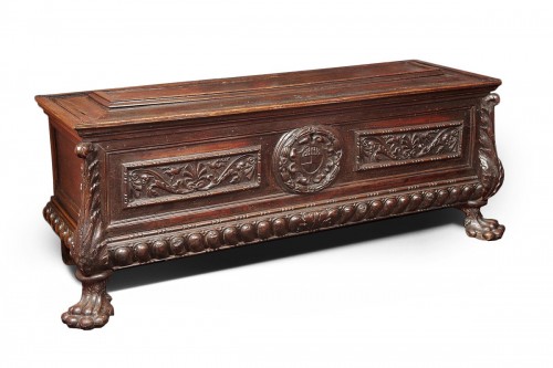 A tuscan Renaissance carved dark walnut cassone