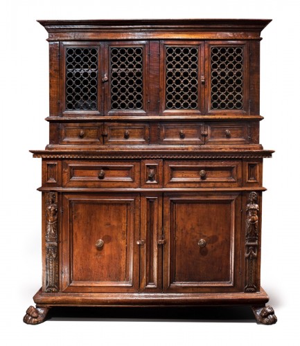 Tuscan renaissance wrought iron and walnut cabinet