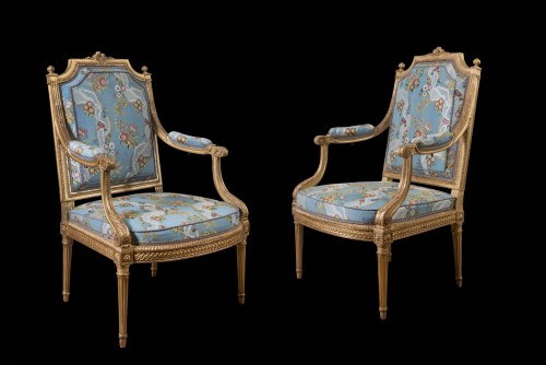 XVIIIe siècle - Henri Jacob (maître en 1779) - Paire de fauteuils à la reine en bois sculpté et doré