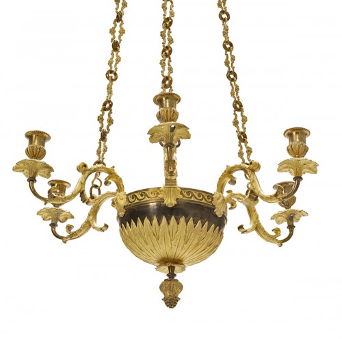 Lustre en bronze doré et patiné, Suède vers 1840
