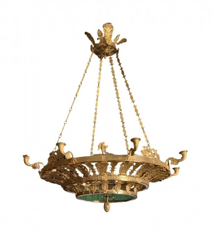 Neo-classical Gilt  Bronze and Green Crystal Chandelier