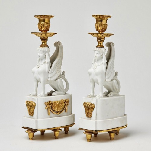 A Pair of Bicuit  andGilt Bronze Sphynxes Candelsticks  - Lighting Style Restauration - Charles X