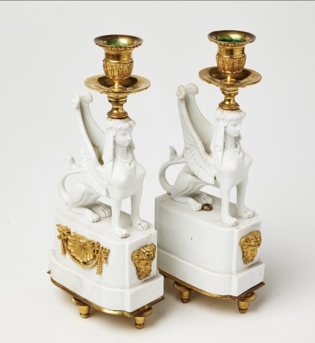 19th century - A Pair of Bicuit  andGilt Bronze Sphynxes Candelsticks 