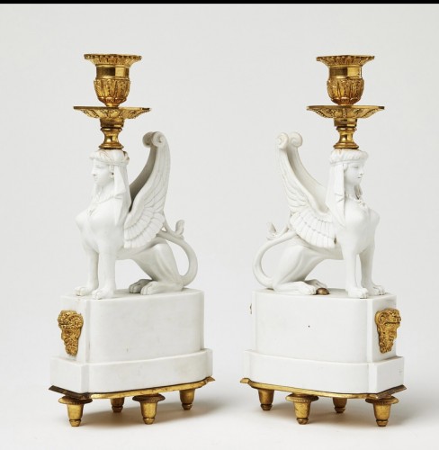 A Pair of Bicuit  andGilt Bronze Sphynxes Candelsticks  - Restauration - Charles X