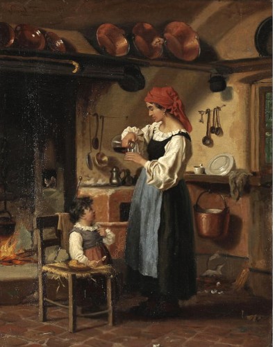 A Mother and Child In an Italian Kitchen, Oil/l , Sign Wenzel Tornøe, 1881 