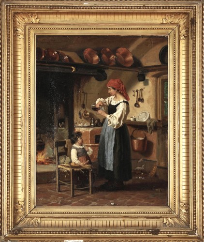 A Mother and Child In an Italian Kitchen, Oil/l , Sign Wenzel Tornøe, 1881  - Paintings & Drawings Style Napoléon III