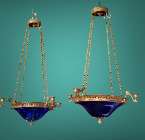 Lighting  - Pair of Baltic lantern with cobalt blue crystal basin