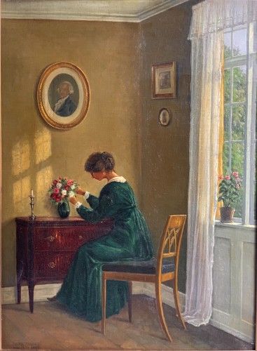 "Arranging the Flowers" Young Woman In An Interior - Hans Hilsøe (1872-1942)