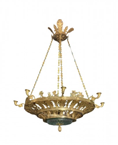 Lustre Neo-classique en bronze doré ,cristal vert