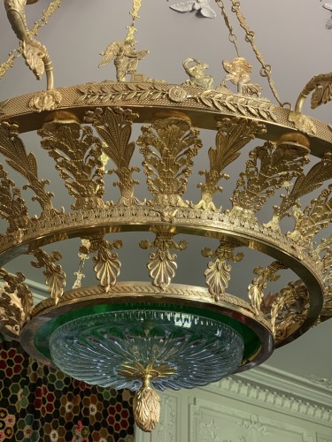 Lustre Neo-classique en bronze doré ,cristal vert - Luminaires Style 